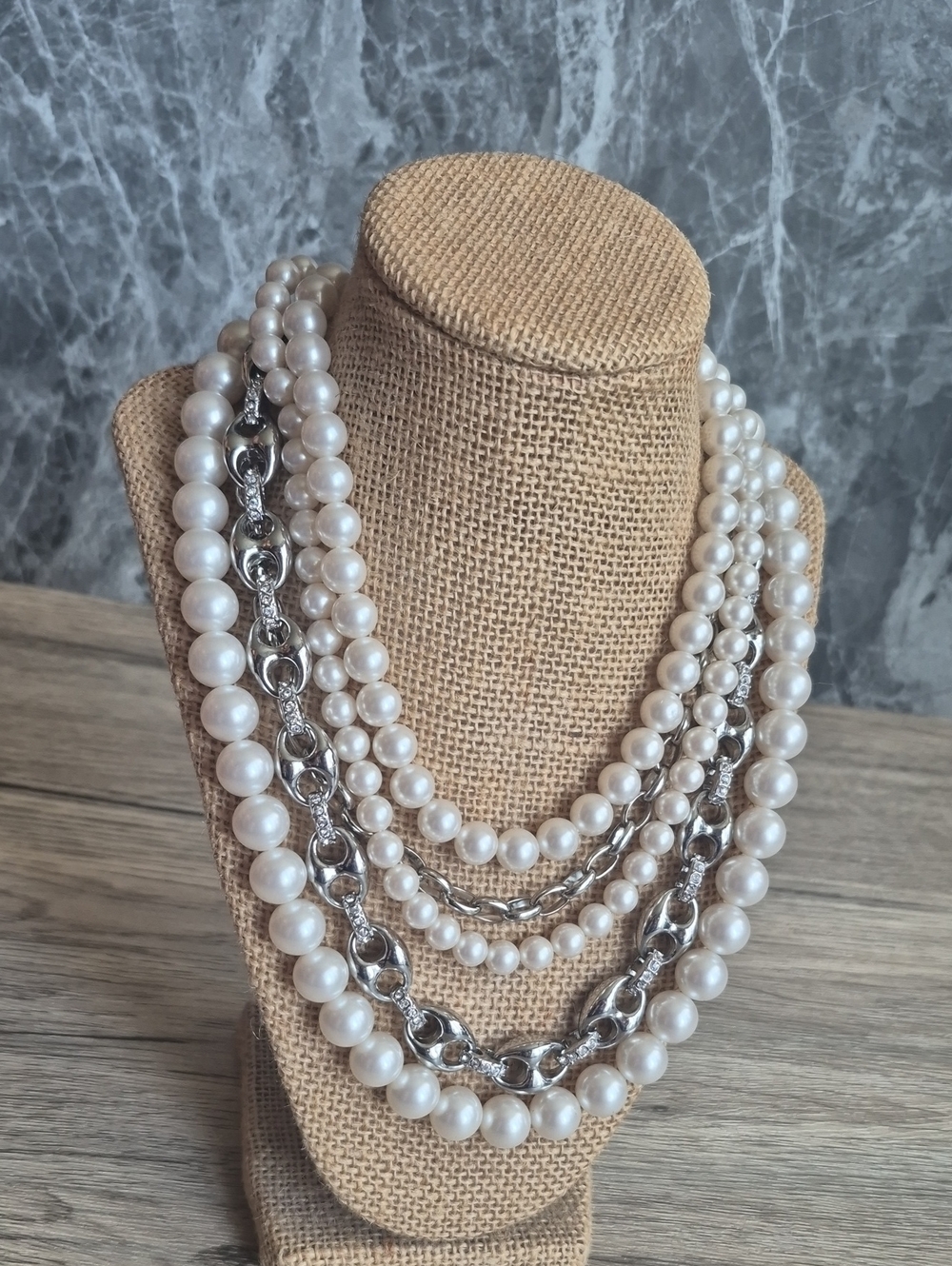 Ann Taylor White Pearl and Silver Chain Layered Necklace